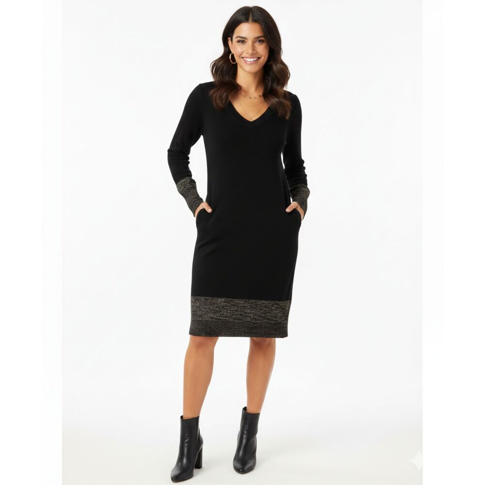 Ann Taylor Womens Colorblock Black Gold Trim Knit Long Sleeve Fitted Dress Sz SP